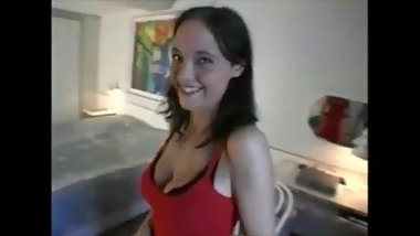 Stunning Danish brunette teen in red dress masturbates
